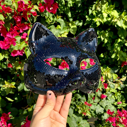 Disco Ball Mirror Cat Face mask, Animal face mask with mirror pieces, Glitter disco cat face mask For Rave, Party, Festivals.