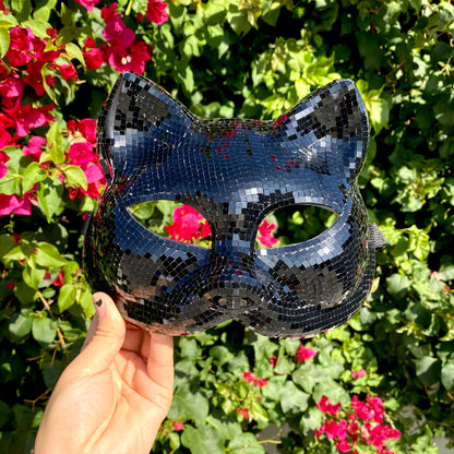 Disco Ball Mirror Cat Face mask, Animal face mask with mirror pieces, Glitter disco cat face mask For Rave, Party, Festivals.