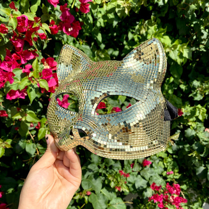 Disco Ball Mirror Cat Face mask, Animal face mask with mirror pieces, Glitter disco cat face mask For Rave, Party