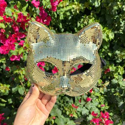 Disco Ball Mirror Cat Face mask, Animal face mask with mirror pieces, Glitter disco cat face mask For Rave, Party