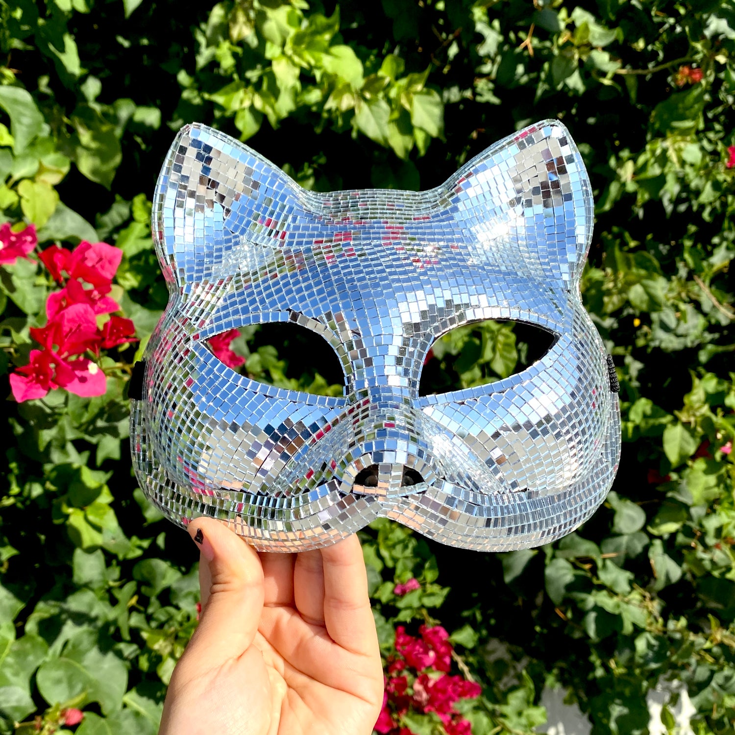 Silver Disco Ball Mirror Cat Face mask, Animal face mask with mirror pieces, Glitter disco cat face mask For Rave, Party