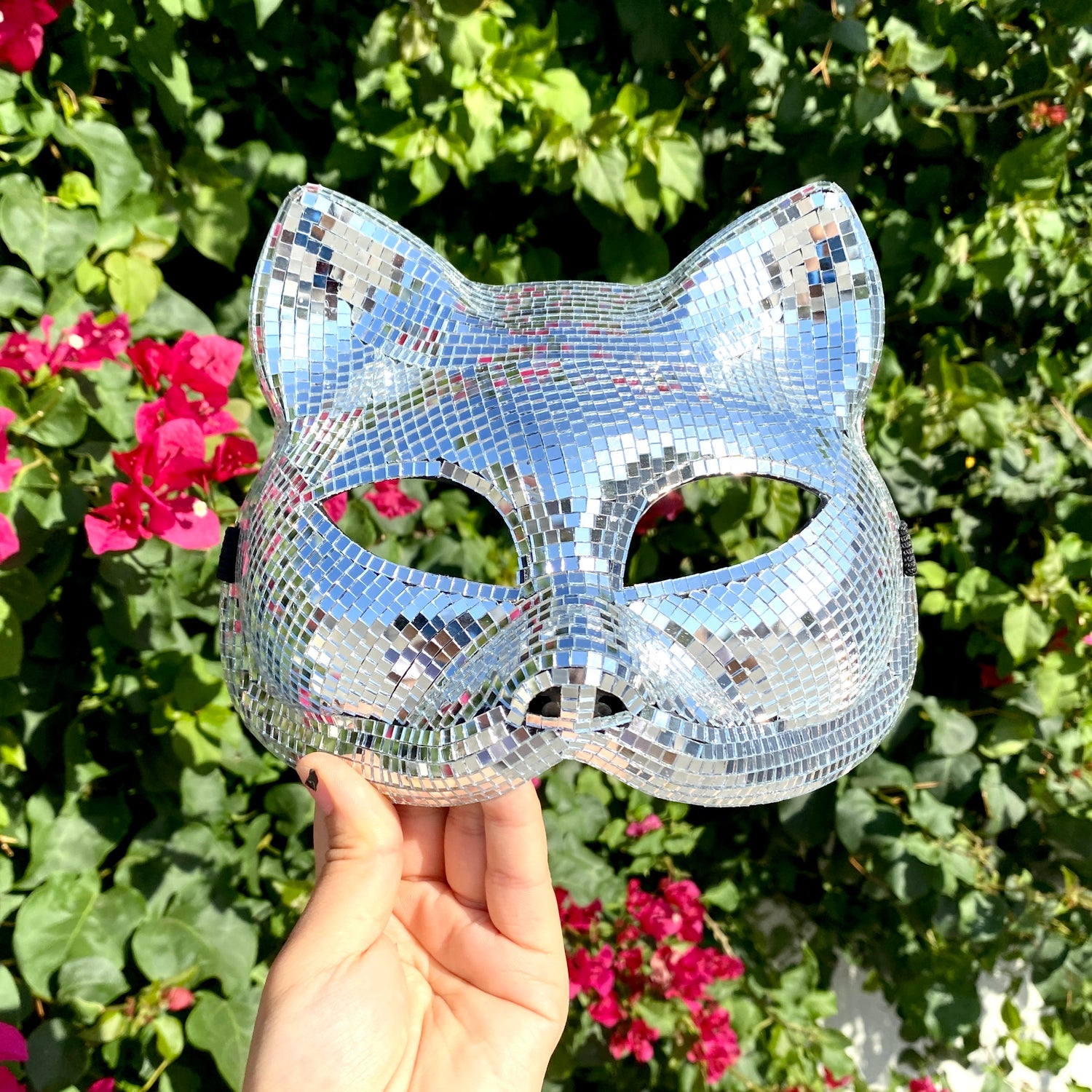 Silver Disco Ball Mirror Cat Face mask, Animal face mask with mirror pieces, Glitter disco cat face mask For Rave, Party