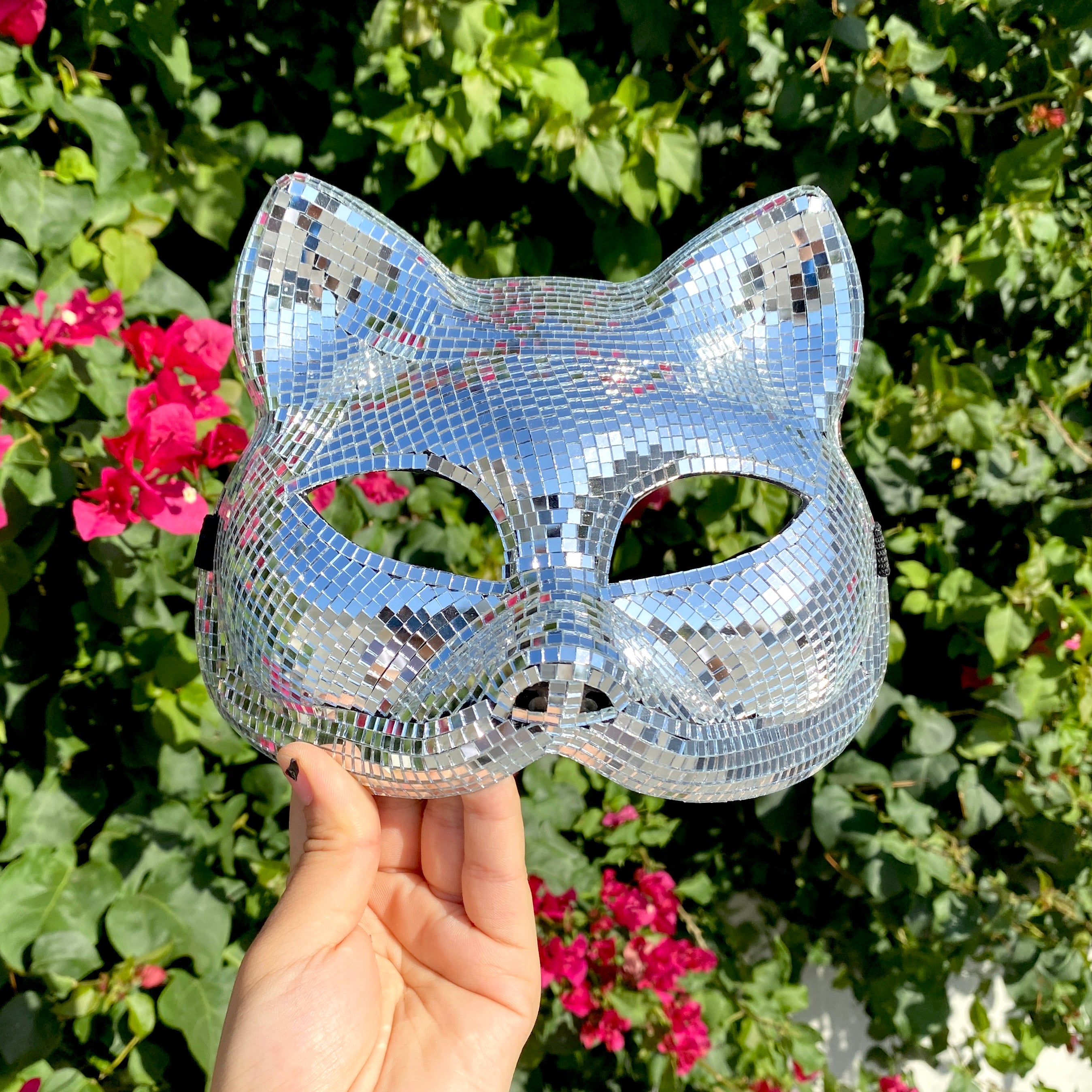 Silver Disco Ball Mirror Cat Face mask, Animal face mask with mirror pieces, Glitter disco cat face mask For Rave, Party