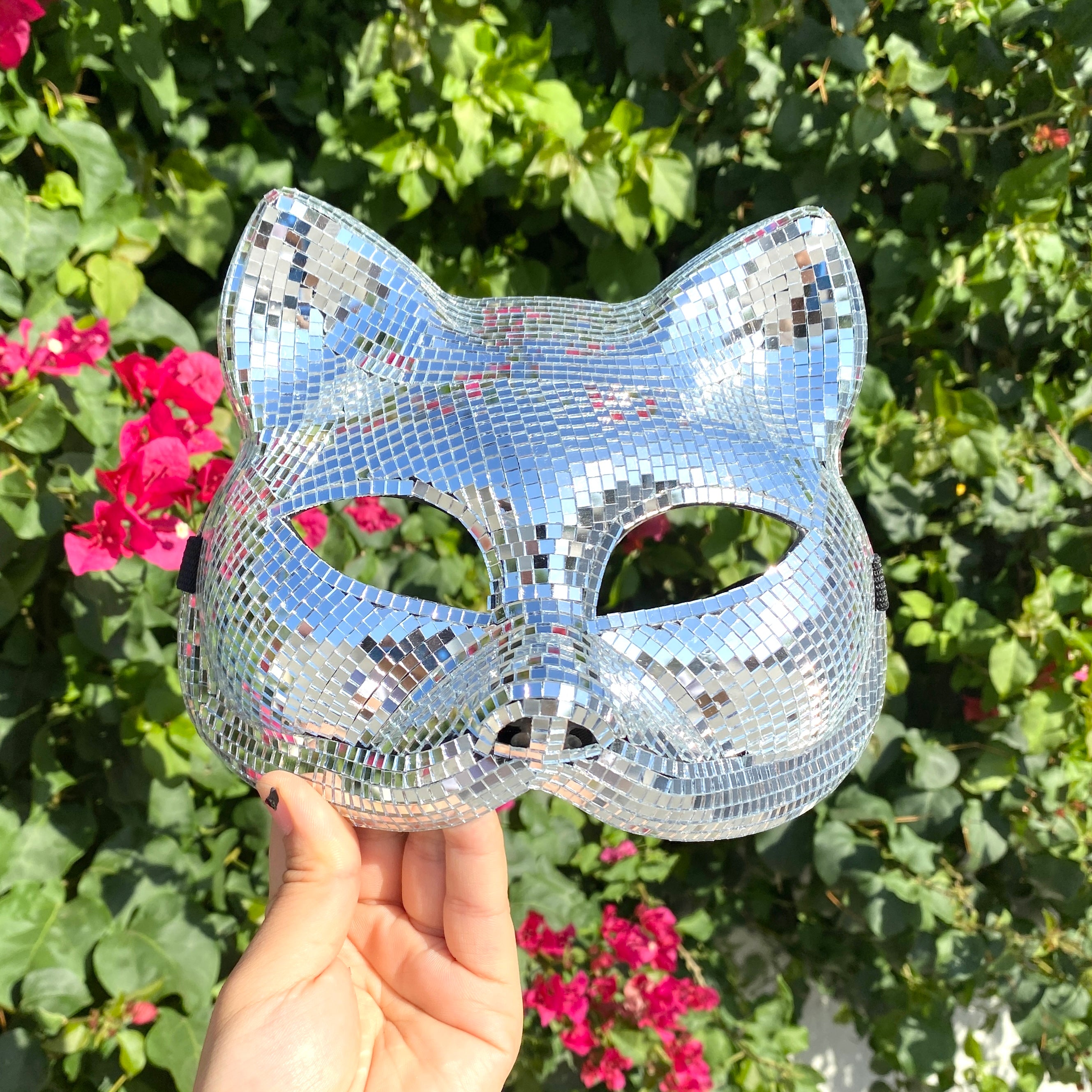 Silver Disco Ball Mirror Cat Face mask, Animal face mask with mirror pieces, Glitter disco cat face mask For Rave, Party