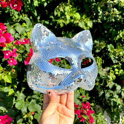 Silver Disco Ball Mirror Cat Face mask, Animal face mask with mirror pieces, Glitter disco cat face mask For Rave, Party