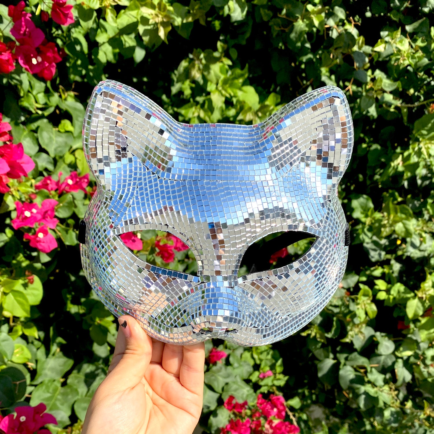 Silver Disco Ball Mirror Cat Face mask, Animal face mask with mirror pieces, Glitter disco cat face mask For Rave, Party