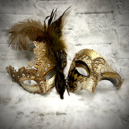 Couples Masquerade Masks, Men Women Venetian Feather Mask For Mardi Gras Cosplay Wedding Graduation Party