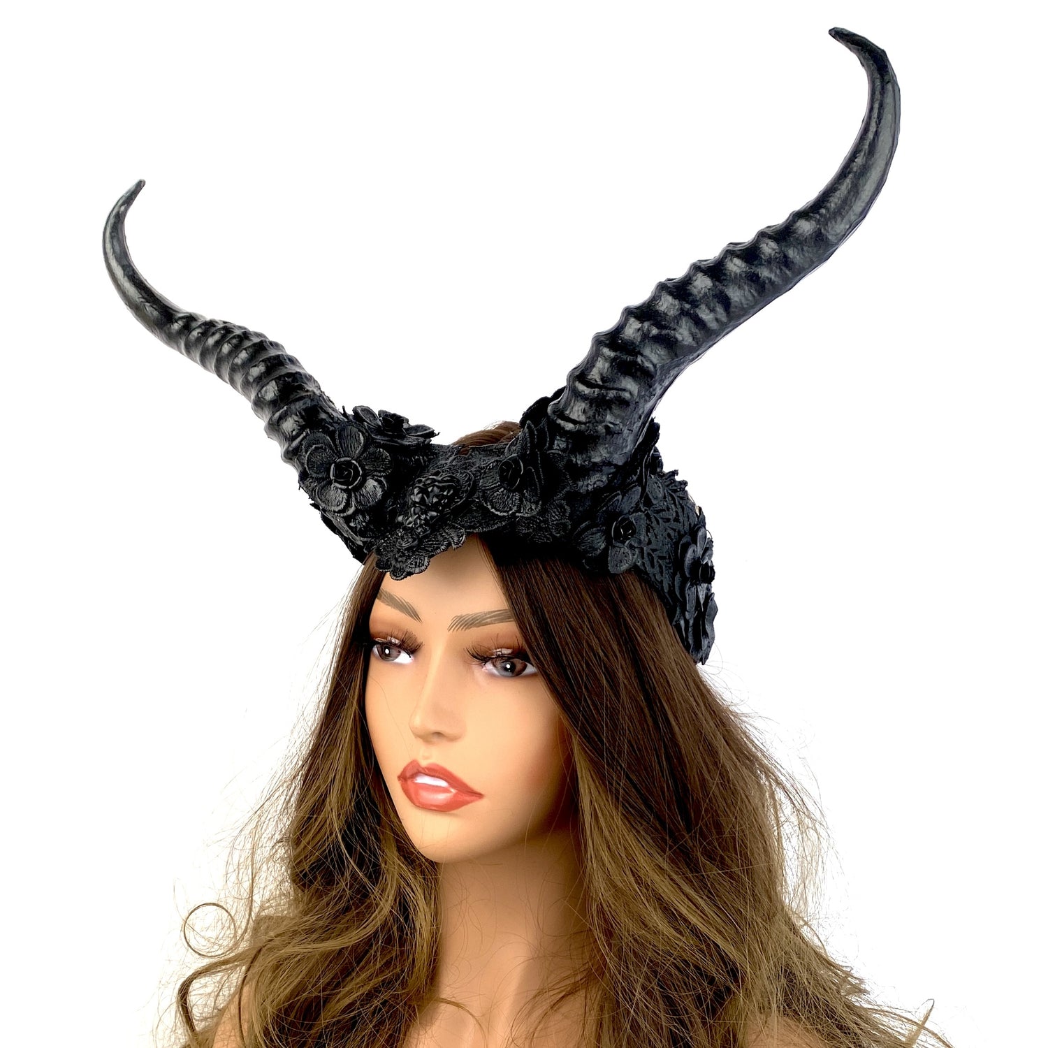 Black Steampunk Style Luxury Metallic Ram Goat Horn Devil Headband Halloween Costume Masquerade Cosplay Prom Ball Party