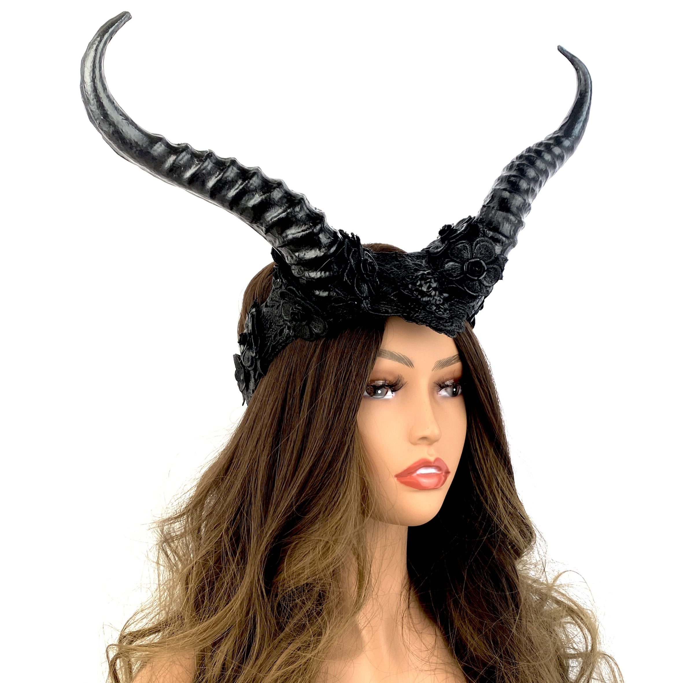 Black Steampunk Style Luxury Metallic Ram Goat Horn Devil Headband Halloween Costume Masquerade Cosplay Prom Ball Party