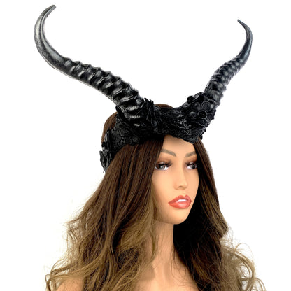 Black Steampunk Style Luxury Metallic Ram Goat Horn Devil Headband Halloween Costume Masquerade Cosplay Prom Ball Party