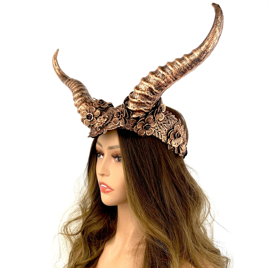 Copper Steampunk Style Luxury Metallic Ram Goat Horn Devil Headband Halloween Costume Masquerade Cosplay Prom Ball Party