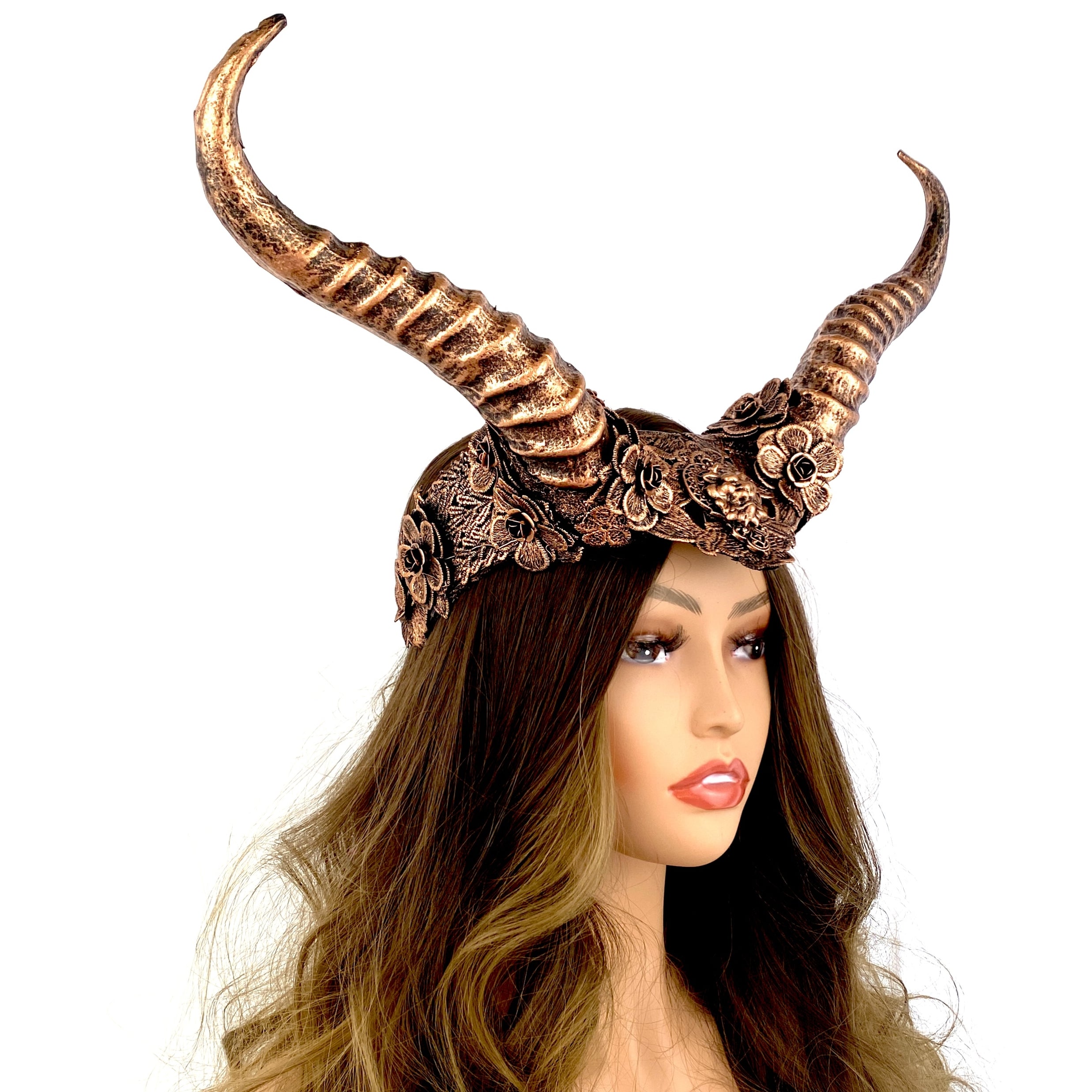 Copper Steampunk Style Luxury Metallic Ram Goat Horn Devil Headband Halloween Costume Masquerade Cosplay Prom Ball Party