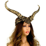 Gold Steampunk Style Luxury Metallic Ram Goat Horn Devil Headband Halloween Costume Masquerade Cosplay Prom Ball Party