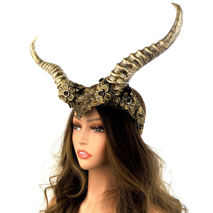 Gold Steampunk Style Luxury Metallic Ram Goat Horn Devil Headband Halloween Costume Masquerade Cosplay Prom Ball Party