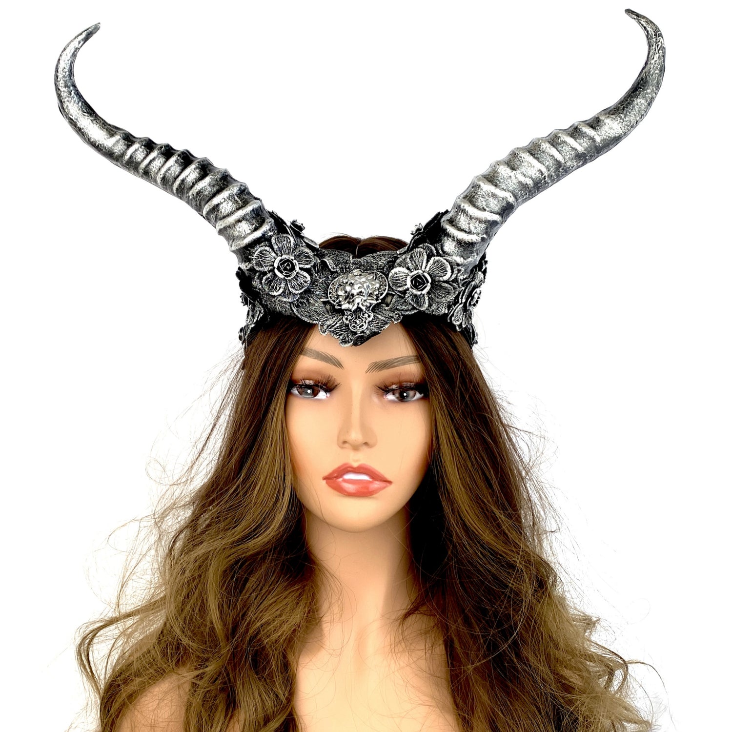 Silver Steampunk Style Luxury Metallic Ram Goat Horn Devil Headband Halloween Costume Masquerade Cosplay Prom Ball Party