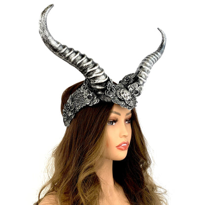 Silver Steampunk Style Luxury Metallic Ram Goat Horn Devil Headband Halloween Costume Masquerade Cosplay Prom Ball Party