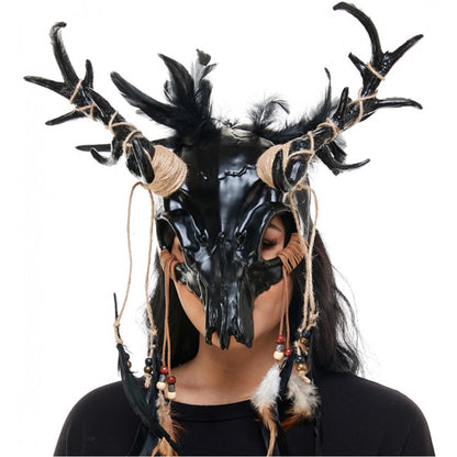 Krampus Ram Goat Demon with Horns Devil Halloween Masquerade Mask, Demonic Horned Devil Metallic Finish Mask