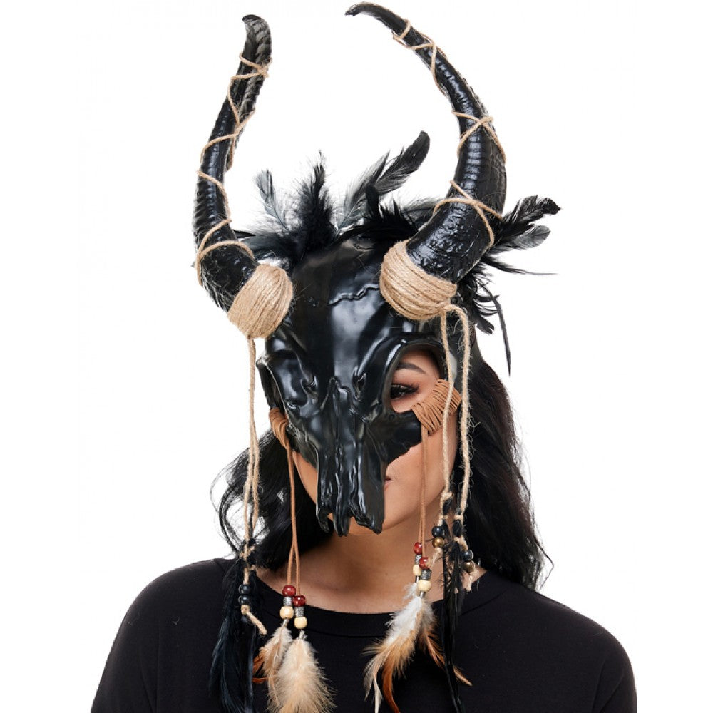 Krampus Ram Goat Demon with Horns Devil Halloween Masquerade Mask, Demonic Horned Devil Metallic Finish Mask