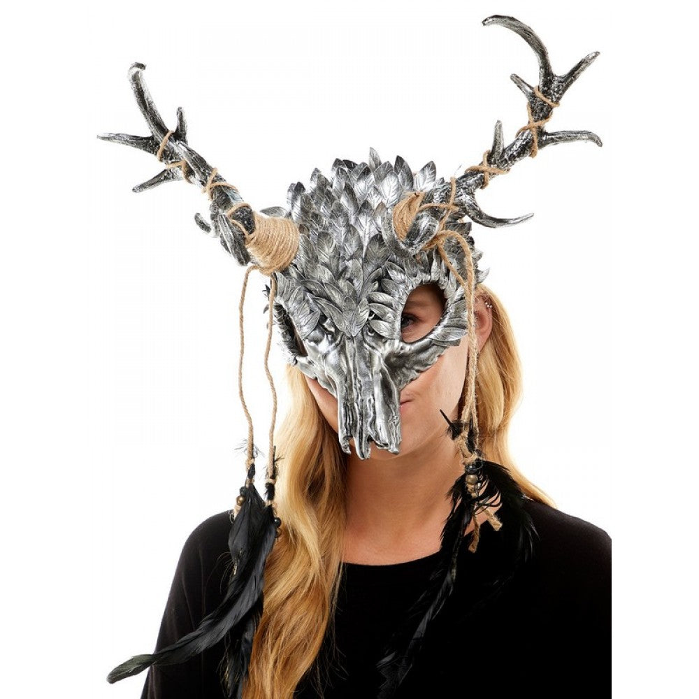 Silver Krampus Ram Goat Demon with Horns Devil Halloween Masquerade Mask, Demonic Metallic Finish Mask