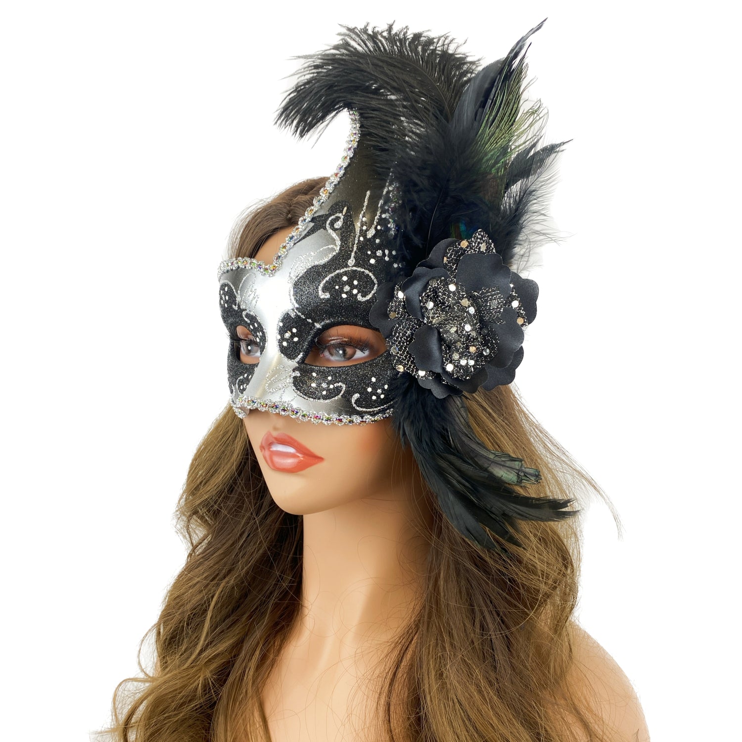 Black &amp; Silver Women Venetian Feather Masquerade Party Mask For Mardi Gras , Halloween