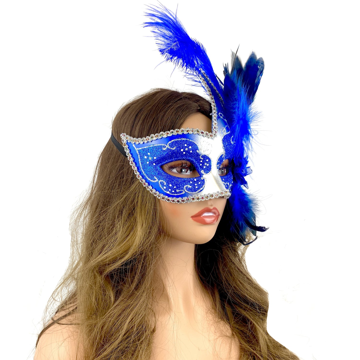 Blue &amp; Silver Women Venetian Feather Masquerade Party Mask For Mardi Gras , Halloween
