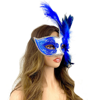 Blue &amp; Silver Women Venetian Feather Masquerade Party Mask For Mardi Gras , Halloween