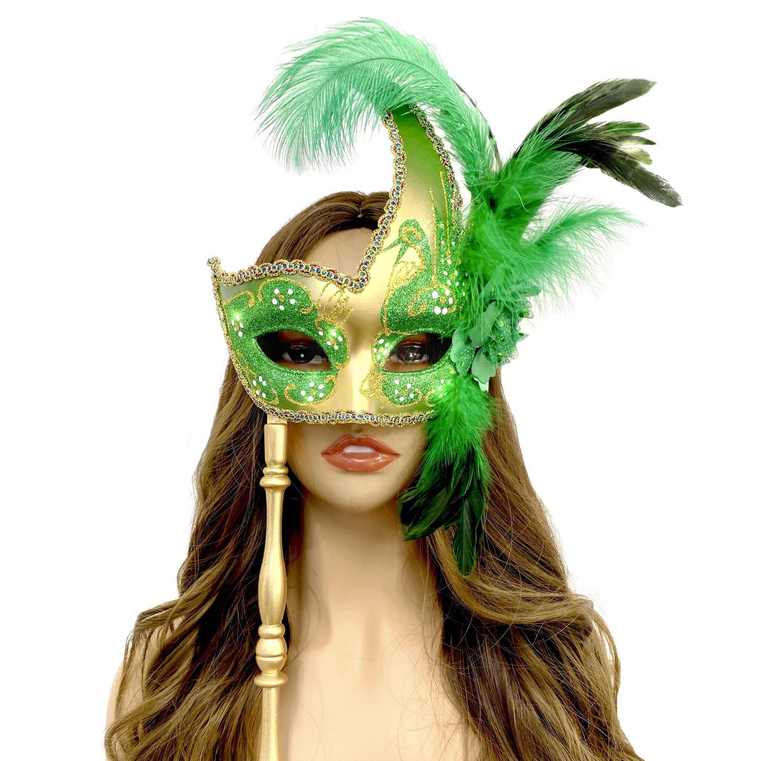 Women Venetian Feather Masquerade Mask With Stick, For Costume Party, Halloween, Christmas