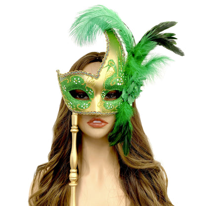 Women Venetian Feather Masquerade Mask With Stick, For Costume Party, Halloween, Christmas