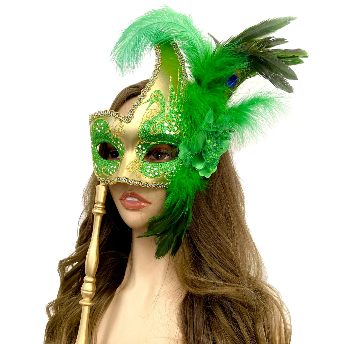 Women Venetian Feather Masquerade Party Mask With Hand Held Stick, For Halloween , Mardi Gras Costume  Masks  - Green &amp; Gold