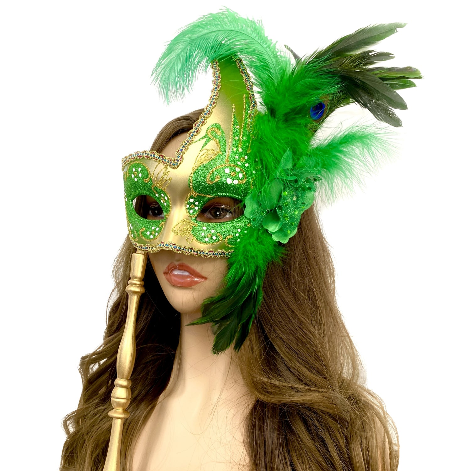 Women Venetian Feather Masquerade Mask With Stick, For Costume Party, Halloween, Christmas