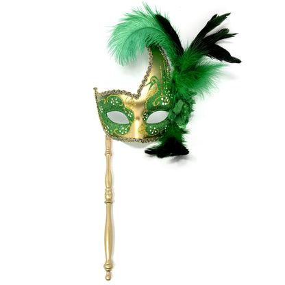 Women Venetian Feather Masquerade Mask With Stick, For Costume Party, Halloween, Christmas