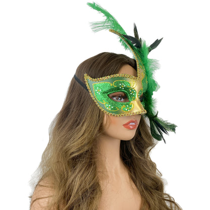 Green Women Venetian Feather Masquerade Party Mask For Mardi Gras , Halloween