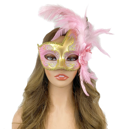 Pink &amp; Gold Women Venetian Feather Masquerade Party Mask For Mardi Gras , Halloween