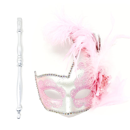 Women Venetian Feather Masquerade Party Mask With Hand Held Stick, For Halloween , Mardi Gras Costume  Masks  - Pink &amp; Silver