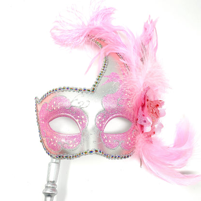 Women Venetian Feather Masquerade Mask With Stick, For Costume Party, Halloween, Christmas