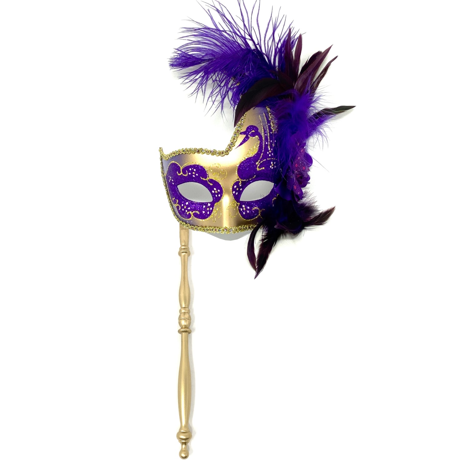 Women Venetian Feather Masquerade Mask With Stick, For Costume Party, Halloween, Christmas