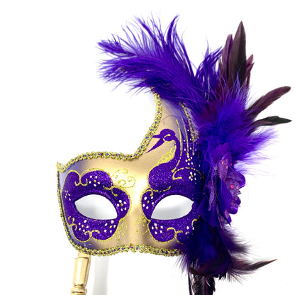 Women Venetian Feather Masquerade Mask With Stick, For Costume Party, Halloween, Christmas