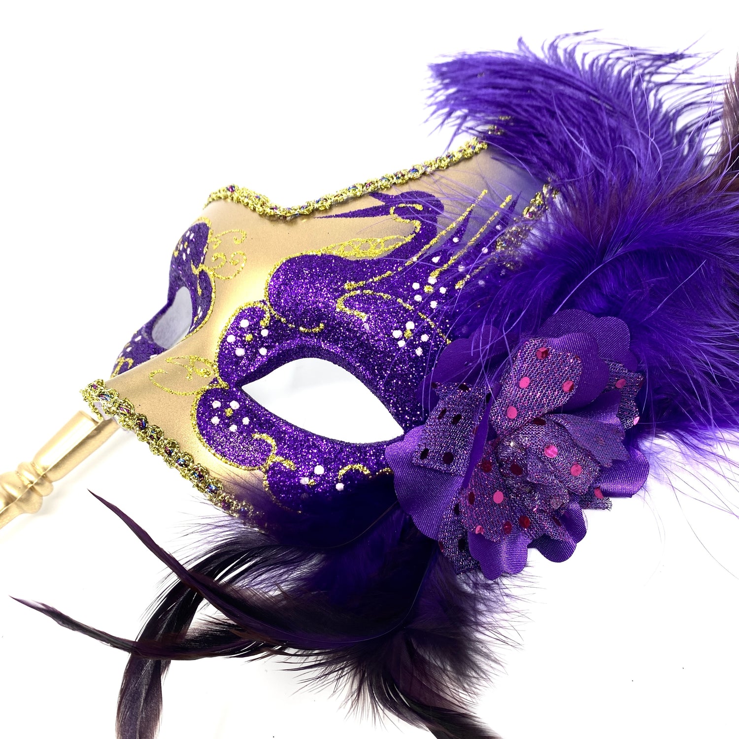 Women Venetian Feather Masquerade Mask With Stick, For Costume Party, Halloween, Christmas