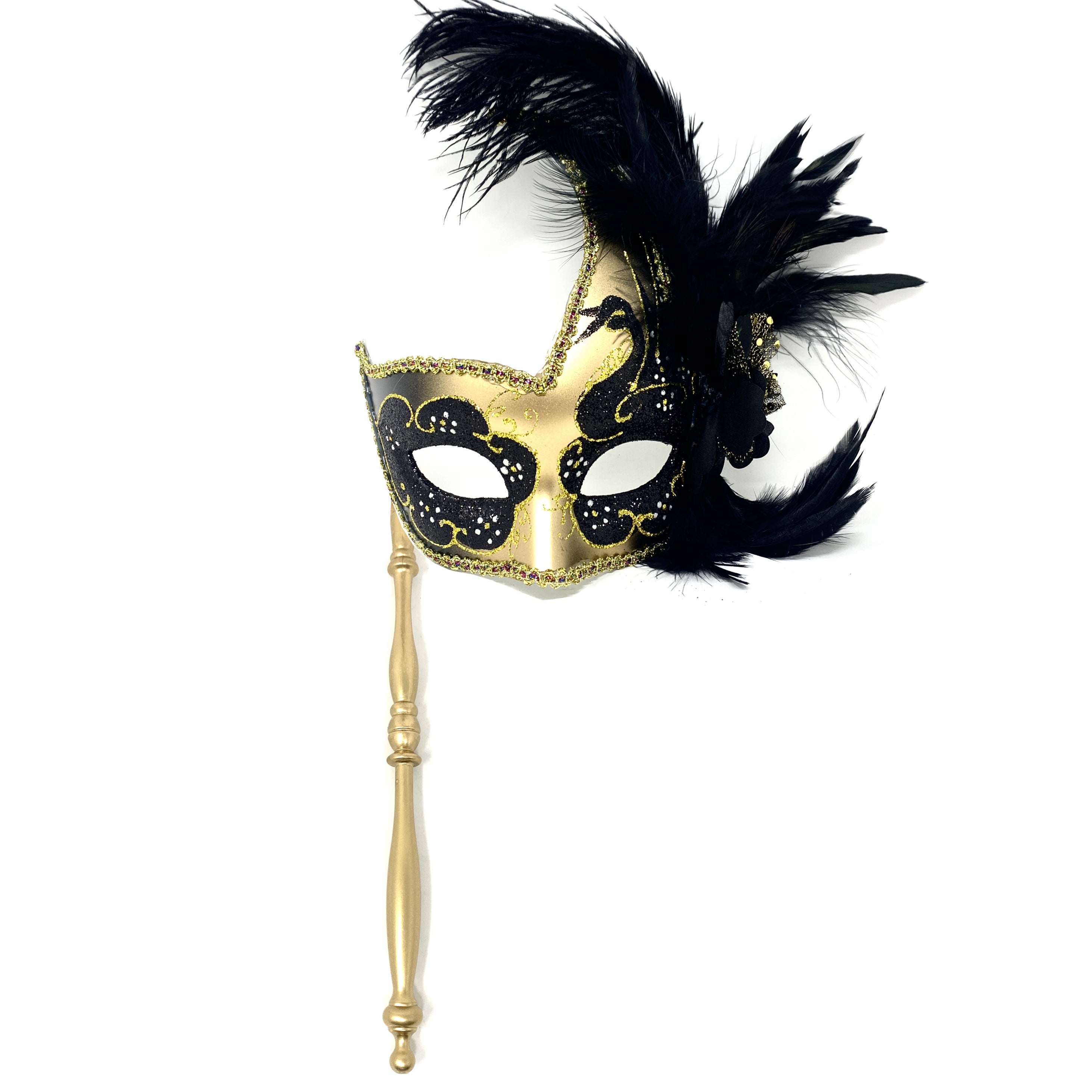 Women Venetian Feather Masquerade Mask With Stick, For Costume Party, Halloween, Christmas