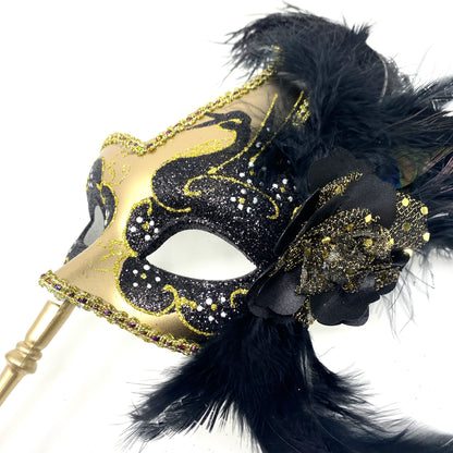 Women Venetian Feather Masquerade Mask With Stick, For Costume Party, Halloween, Christmas