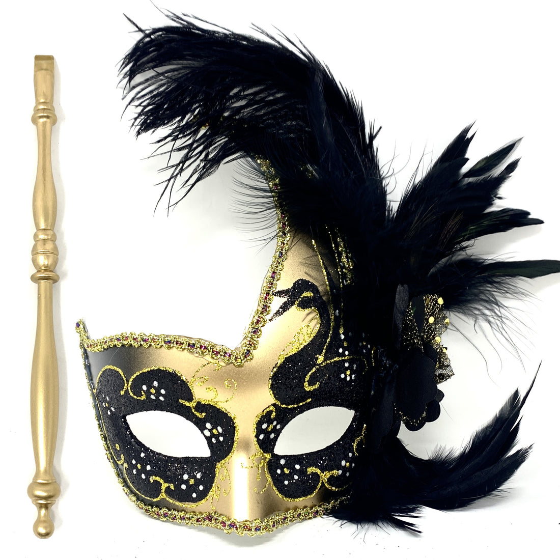 Women Venetian Feather Masquerade Party Mask With Hand Held Stick, For Halloween , Mardi Gras Costume  Masks  -Black &amp; Gold