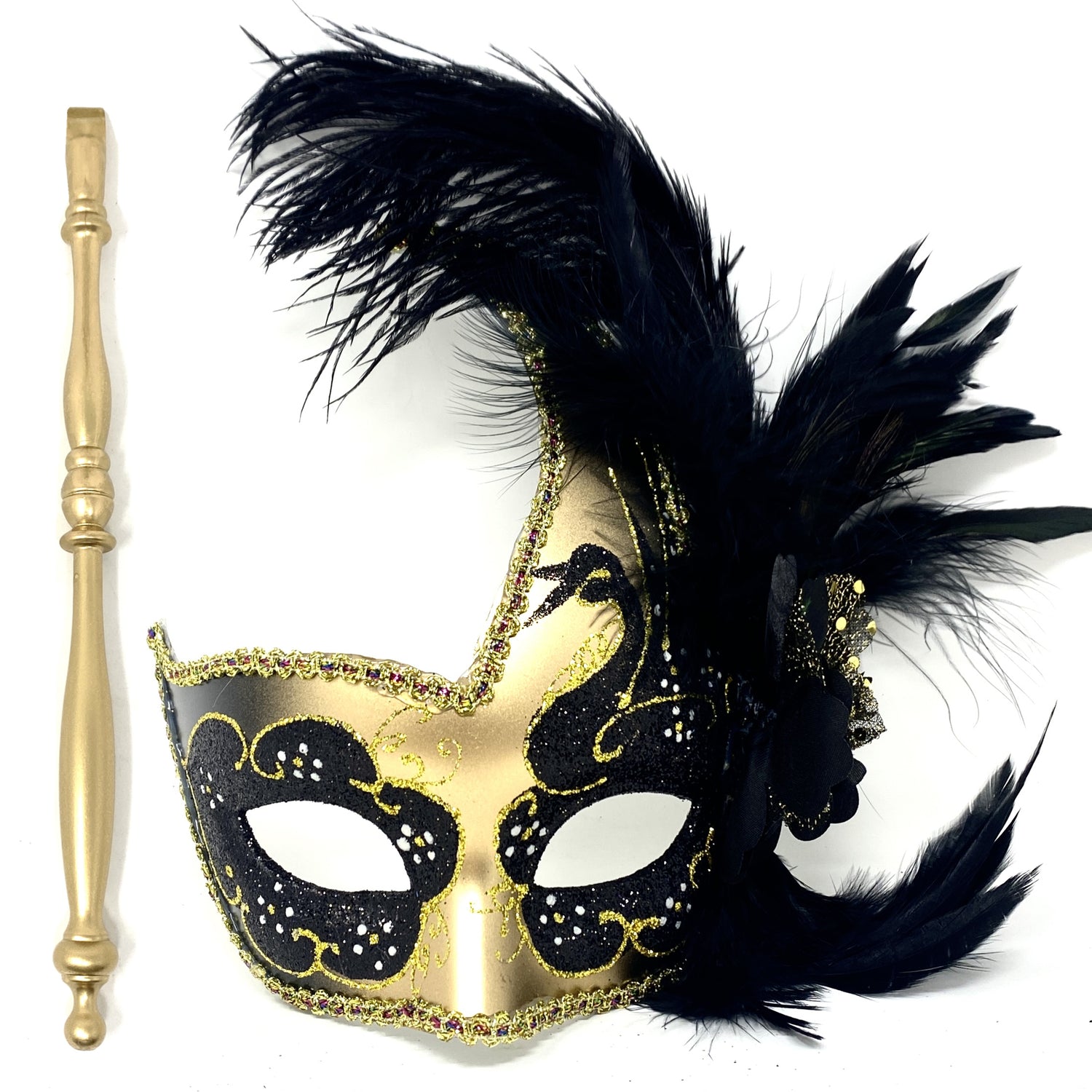 Women Costume Venetian Feather Masquerade Party Mask With Stick, For Halloween , Mardi Gras Masks