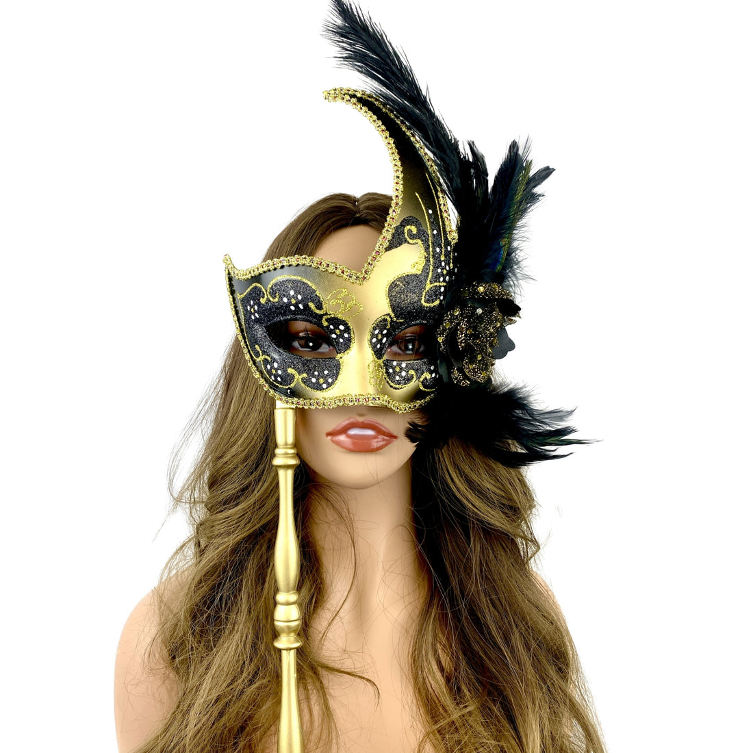 Women Venetian Feather Masquerade Mask With Stick, For Costume Party, Halloween, Christmas