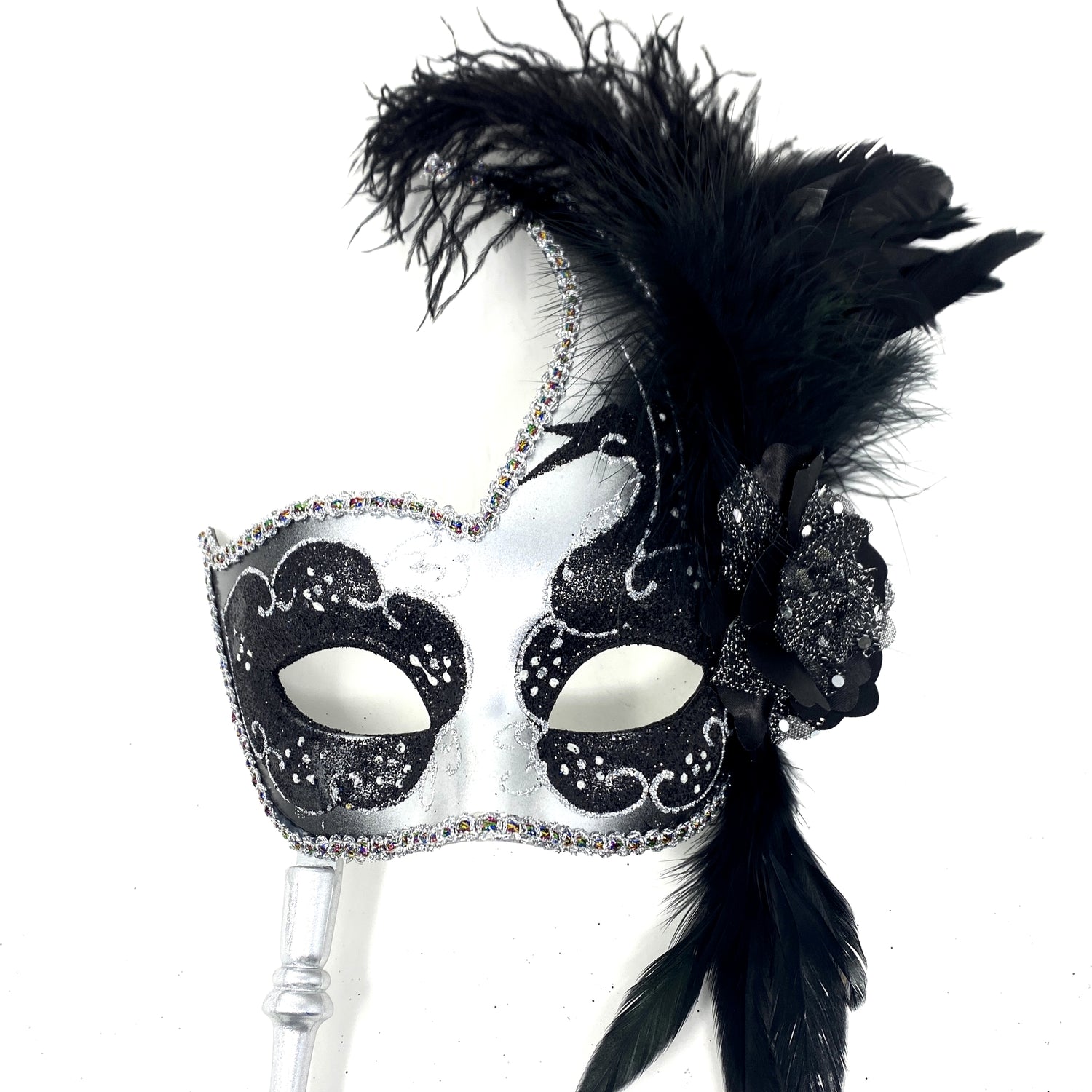 Women Venetian Feather Masquerade Mask With Stick, For Costume Party, Halloween, Christmas