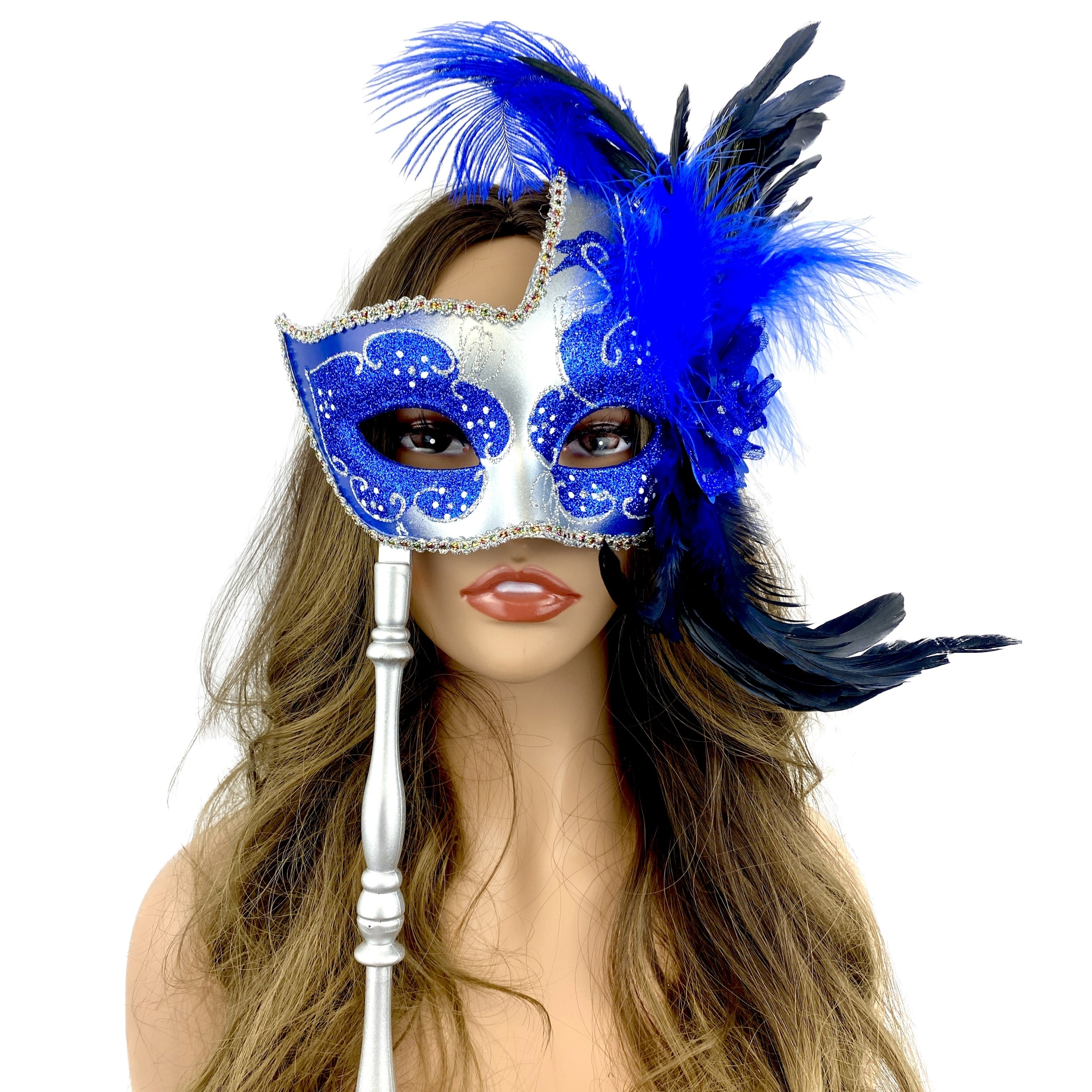 Women Venetian Feather Masquerade Party Mask With Hand Held Stick, For Halloween , Mardi Gras Costume  Masks  - Blue &amp; Silver