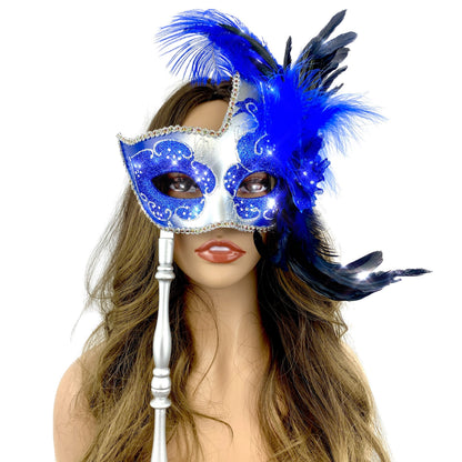 Women Venetian Feather Masquerade Party Mask With Hand Held Stick, For Halloween , Mardi Gras Costume  Masks  - Blue &amp; Silver