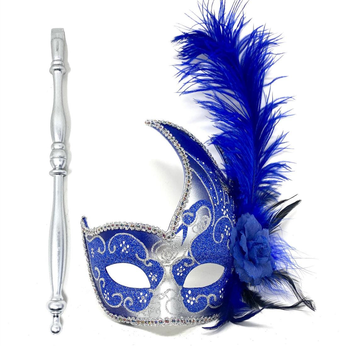 Women Venetian Feather Masquerade Party Mask With Hand Held Stick, For Halloween , Mardi Gras Costume  Masks  - Blue &amp; Silver