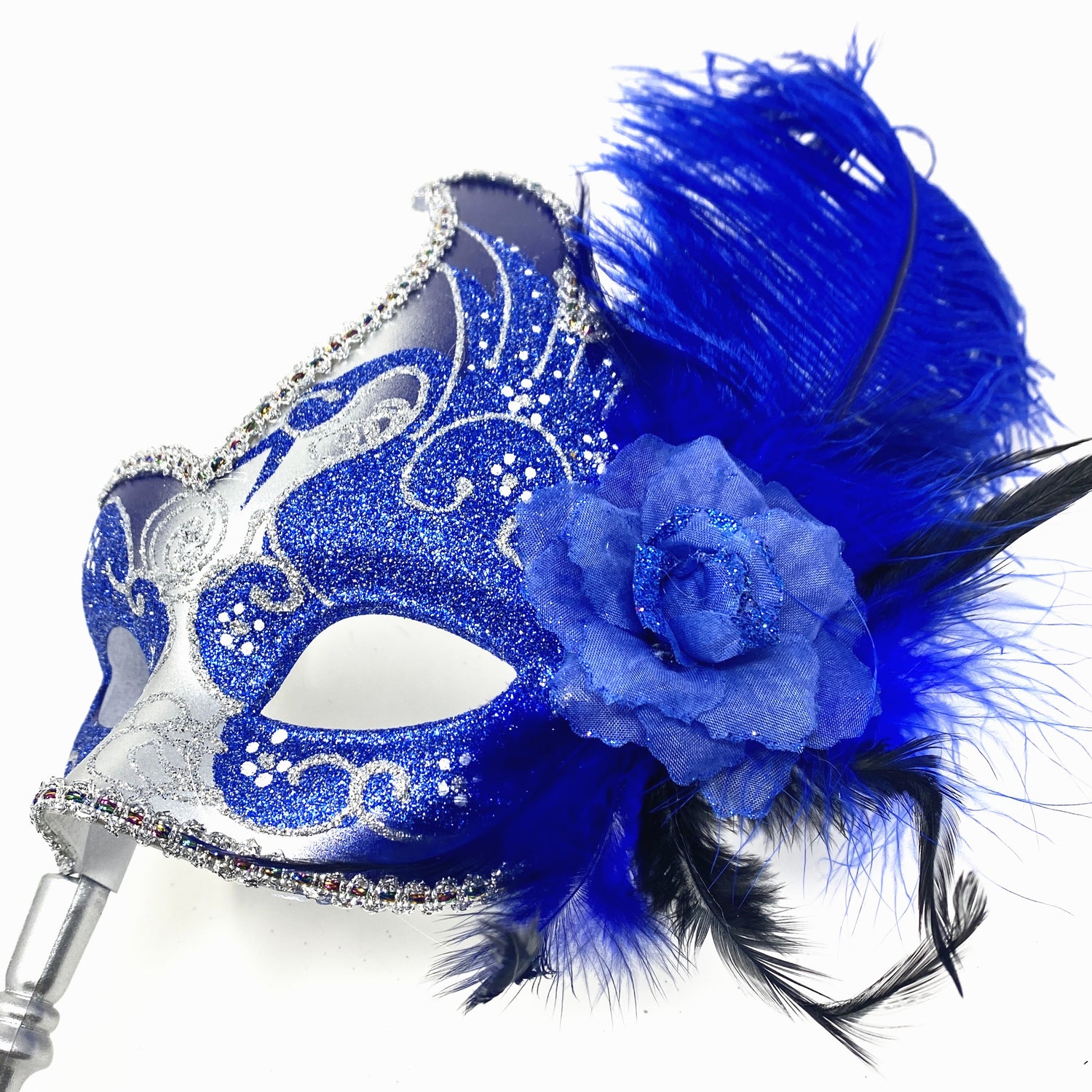 Women Venetian Feather Masquerade Party Mask With Hand Held Stick, For Halloween , Mardi Gras Costume  Masks  - Blue &amp; Silver