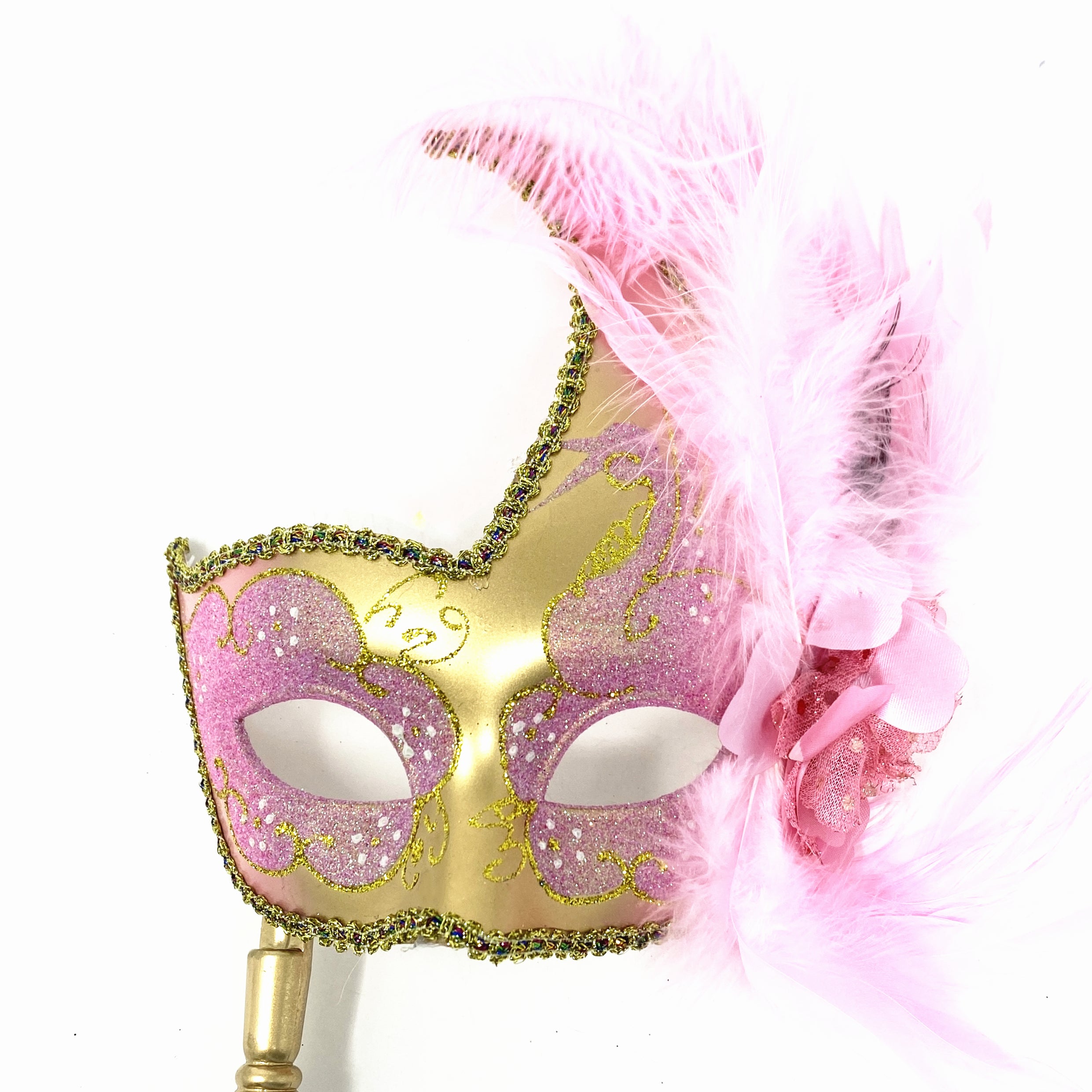 Women Venetian Feather Masquerade Mask With Stick, For Costume Party, Halloween, Christmas