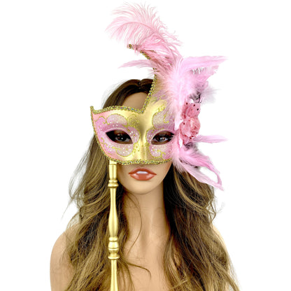 Women Venetian Feather Masquerade Mask With Stick, For Costume Party, Halloween, Christmas